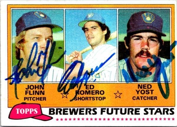 Бейзболна картичка с автограф на Джон Флин, Ед Ромеро и Неда Йоста (Милуоки Брюэрз, Южна Каролина) 1981 г. 659