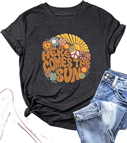 Here Come The Sun Риза Дамски Летни Плажни Върхове Със Слънчеви Принтом Реколта Тениска За Почивка С Къс Ръкав