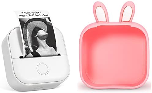Джобен Термопринтер Memoking T02 с Bluetooth-интерфейс и Защитен калъф във формата на розово Зайче, който е съвместим с iOS и Android