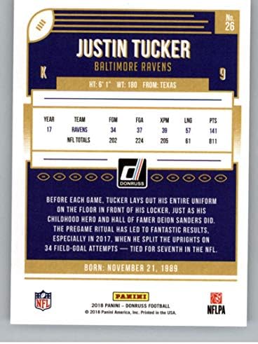 2018 Donruss Football 26 Джъстин Тъкър Балтимор Рейвънс Официалната търговска картичка NFL