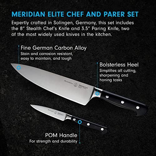 Комплект за готвач и разфасоване на Messermeister Meridian Elite - Включва 8-инчов поварской нож Stealth и 3,5-инчов