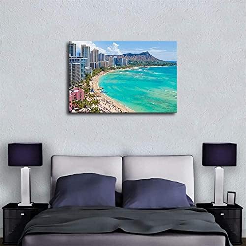 Снимка на плажа Waikiki в Хонолулу, Хавай Плакат Изкуство Платно Стенен Арт Принт за Декора на стените на Стаята