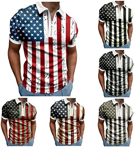 XXBR Патриотични Мъжки Ризи с къси ръкави, 4 юли, Ретро Американски Флаг, Блузи С яка с цип 1/4, Лятна Риза