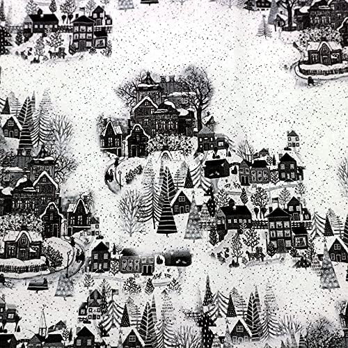 Дизайн зимни село, стеганая плат от памук by The Yard (бяла, черна, сива, синя)