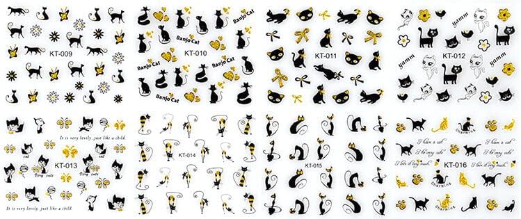 24 Листа Котешки Стикери за нокти 3D Черно-Златни Стикери за Котешки нокти Самозалепващи Декорации за нокти